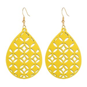 SMALLLOVE Bohemian Wooden Hollow African Earrings for Women Natural Light Weight Wood Teardrop Drop Dangle Hook Earrings (yellow)