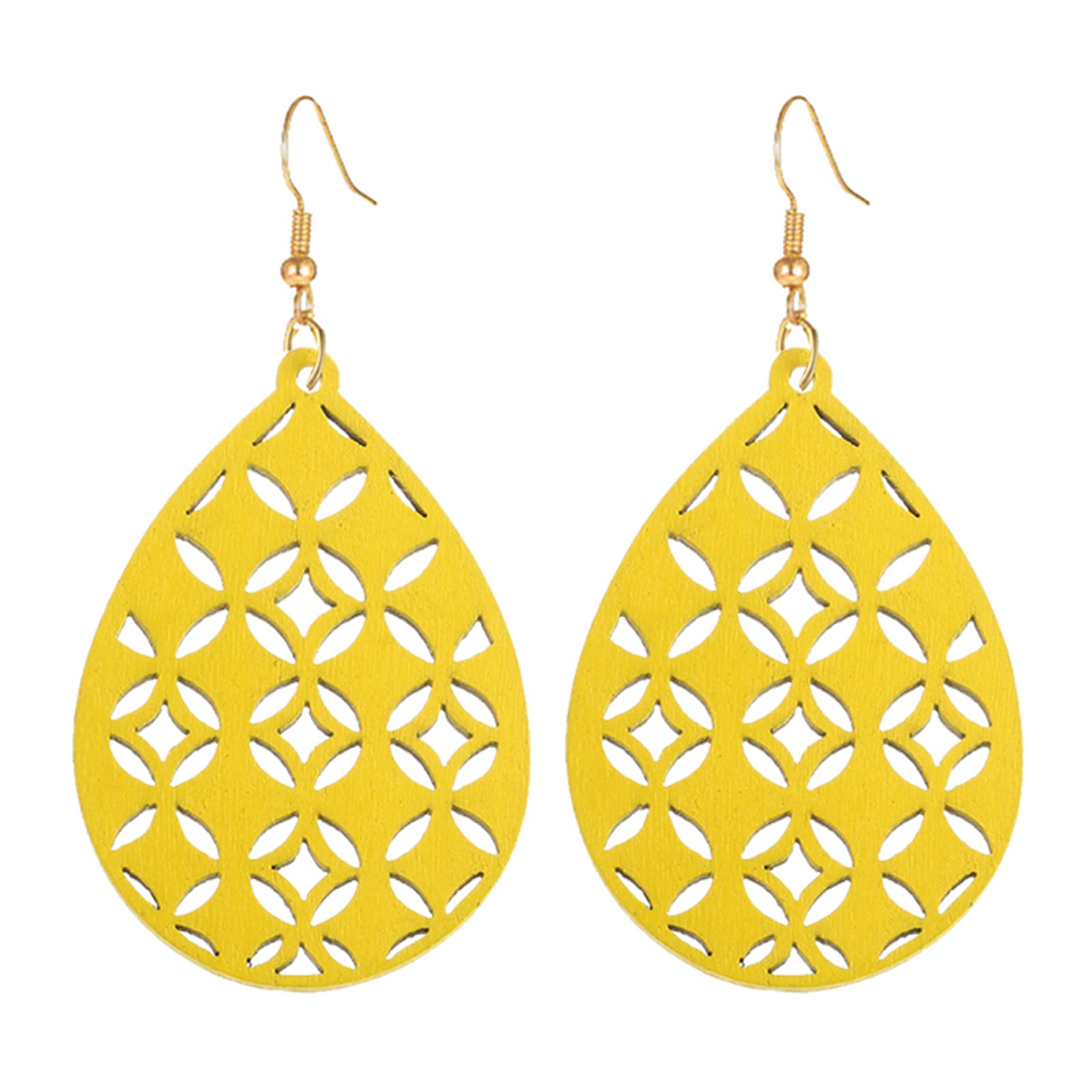 SMALLLOVE Bohemian Wooden Hollow African Earrings for Women Natural Light Weight Wood Teardrop Drop Dangle Hook Earrings (yellow)