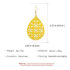 SMALLLOVE Bohemian Wooden Hollow African Earrings for Women Natural Light Weight Wood Teardrop Drop Dangle Hook Earrings (yellow)