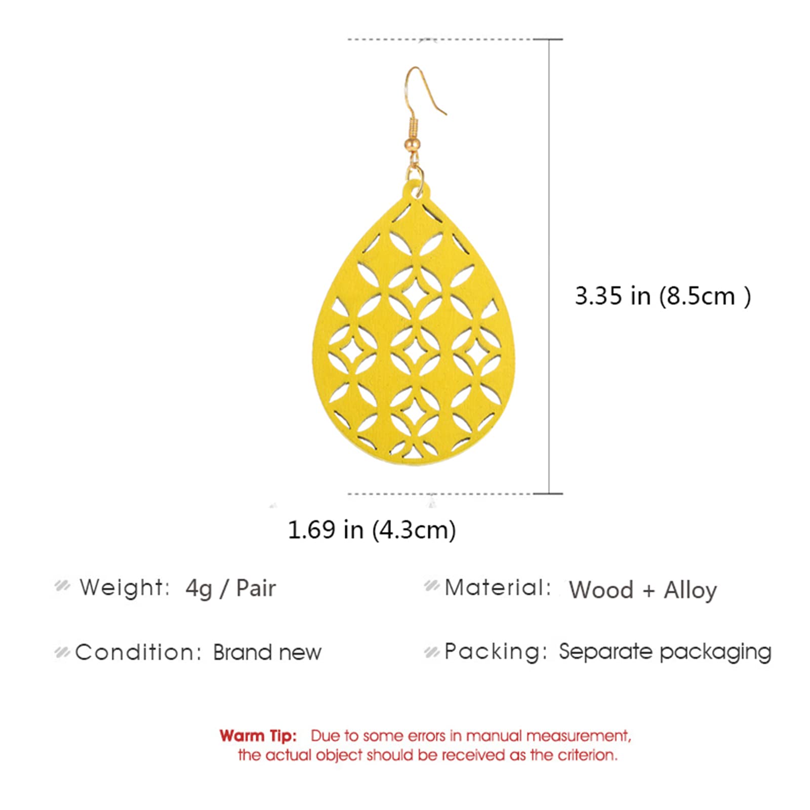 SMALLLOVE Bohemian Wooden Hollow African Earrings for Women Natural Light Weight Wood Teardrop Drop Dangle Hook Earrings (yellow)