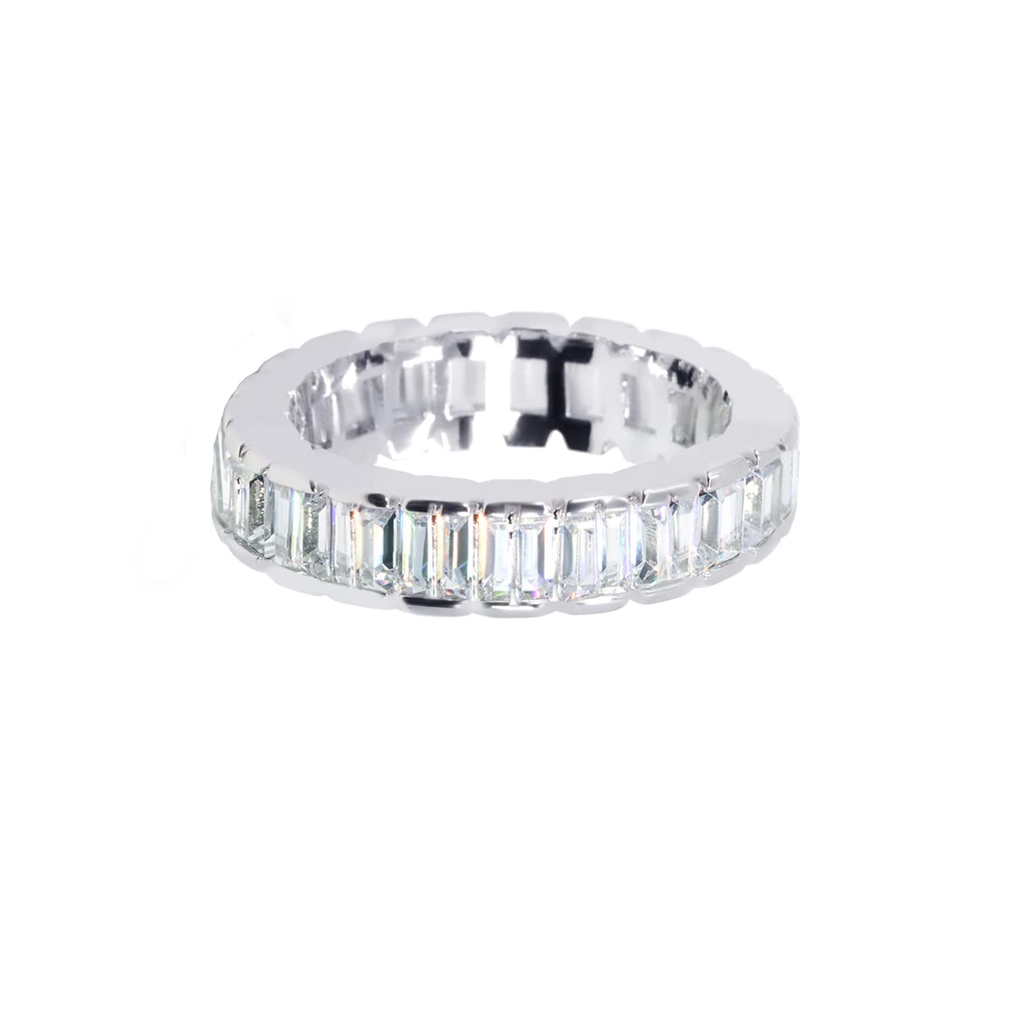 Savlano 18K White Gold Plated Cubic Zirconia Emerald Cut Eternity Ring Band for Women Men (8)