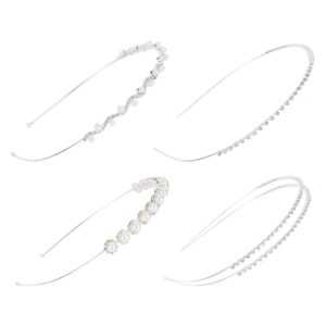 Lawie 4 Pack Rhinestone Pearl Glitter Sparkly Silver Metal Hair Clasps Slim Thin Skinny Hard Headbands Hair Loops Rings Cross Hairands Crown Tiara Holder Accessories for Women Girl