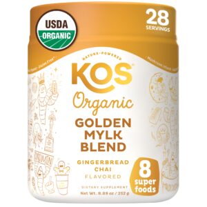 kos golden mylk with tumeric and ginger, organic superfood latte powder, adaptogen mushroom blend - coffee creamer, dessert & smoothie - caffeine free, vegan, dairy-free, gingerbread chai, 28 servings