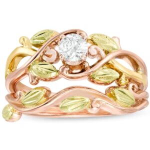 10k Rose and Yellow Gold, Foliage Diamond Engagement and Wedding Ring Set, 12k Green Black Hills Gold Size 9