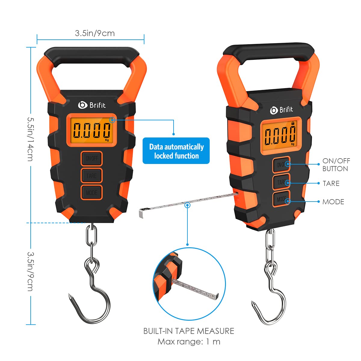 AMIR Digital Fishing Scale with Ruler, 15g/50kg Electronic Digital Luggage Scale, 110lb Max Fishing Postal Hanging Hook Scale with Measuring Tape, Backlit LCD Display (Batteries Included)