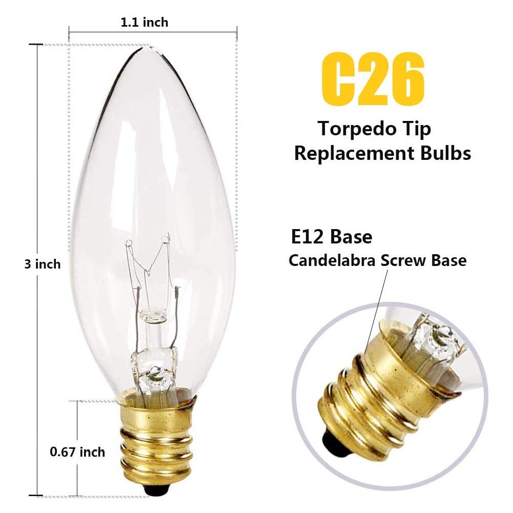 25 Pack Clear Torpedo Tip Replacement Light Bulbs, Steady Burning Crystal Candelabra Light Bulbs for Chandeliers, Electric Candle Lamp, Window Candles, Nightlight- 7 Watt - E12 Candelabra Base