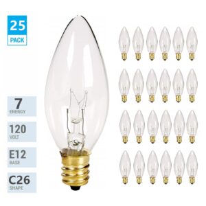 25 Pack Clear Torpedo Tip Replacement Light Bulbs, Steady Burning Crystal Candelabra Light Bulbs for Chandeliers, Electric Candle Lamp, Window Candles, Nightlight- 7 Watt - E12 Candelabra Base