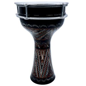 zaza percussion 16'' length aluminum darbuka, 8" tunable synthetic head turkish doumbek drum (black- engrave)