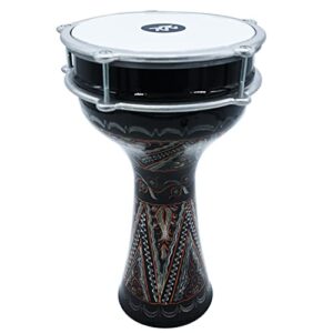 ZAZA Percussion 16'' Length Aluminum Darbuka, 8" Tunable Synthetic Head Turkish Doumbek Drum (Black- Engrave)