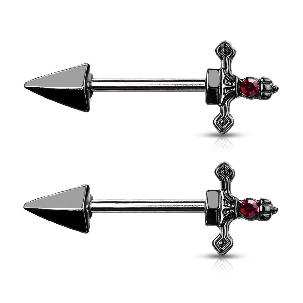 Pierced Owl 14GA 316L Stainless Steel Red Gem Set Dagger Nipple Barbells, Sold as A Pair (Black)