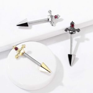 Pierced Owl 14GA 316L Stainless Steel Red Gem Set Dagger Nipple Barbells, Sold as A Pair (Black)