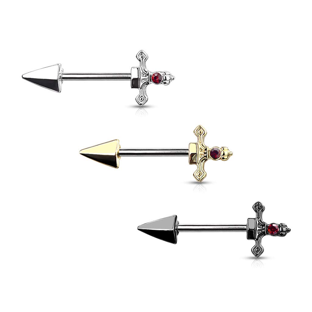 Pierced Owl 14GA 316L Stainless Steel Red Gem Set Dagger Nipple Barbells, Sold as A Pair (Black)