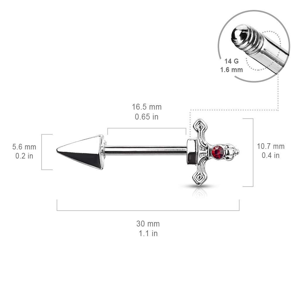 Pierced Owl 14GA 316L Stainless Steel Red Gem Set Dagger Nipple Barbells, Sold as A Pair (Black)