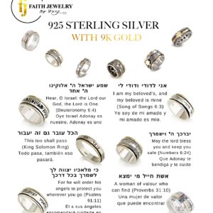 Faith Jewelry Holy Land Blessing Ring: Hebrew Statement I Am My Beloved’s Sterling Silver 925 Combined 9K Gold Wide Band, 16 Sizeb