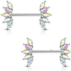 pierced owl 14ga 316l stainless steel crystal marquise fan ends nipple barbells, sold as a pair (aurora borealis)