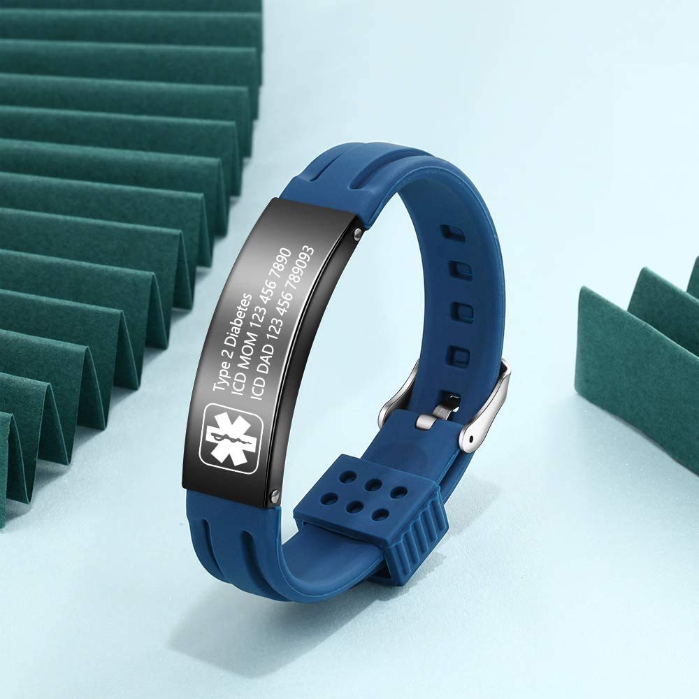 Fortheday Personalized Medical Alert Bracelets for Women Men Kids Adjustable Silicone Medical Bracelets Custom Waterproof Life Medical ID Bracelets Alert Bracelets (Deep Blue)