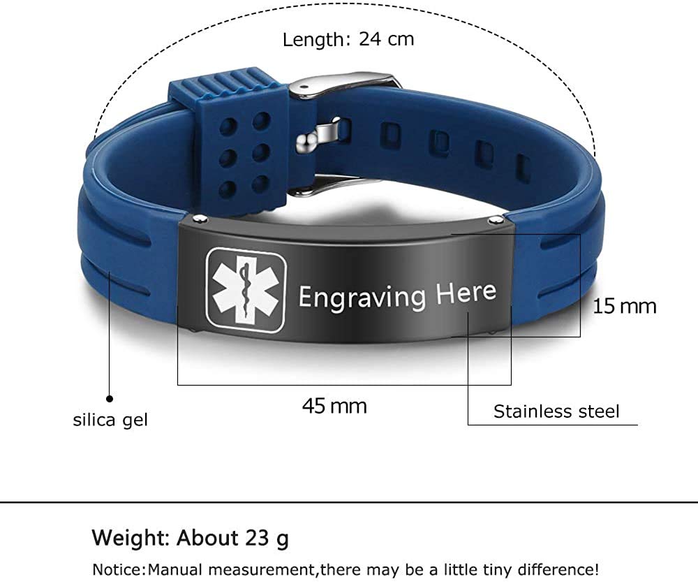 Fortheday Personalized Medical Alert Bracelets for Women Men Kids Adjustable Silicone Medical Bracelets Custom Waterproof Life Medical ID Bracelets Alert Bracelets (Deep Blue)