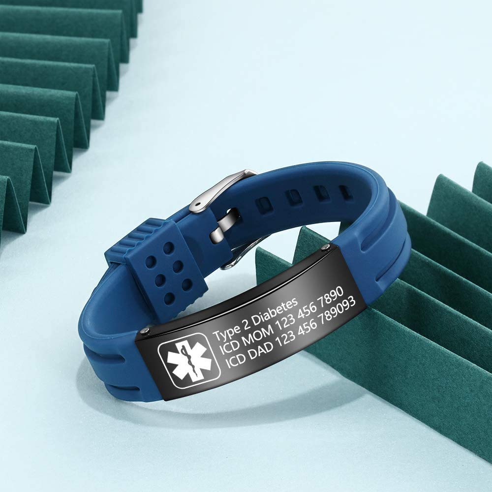 Fortheday Personalized Medical Alert Bracelets for Women Men Kids Adjustable Silicone Medical Bracelets Custom Waterproof Life Medical ID Bracelets Alert Bracelets (Deep Blue)