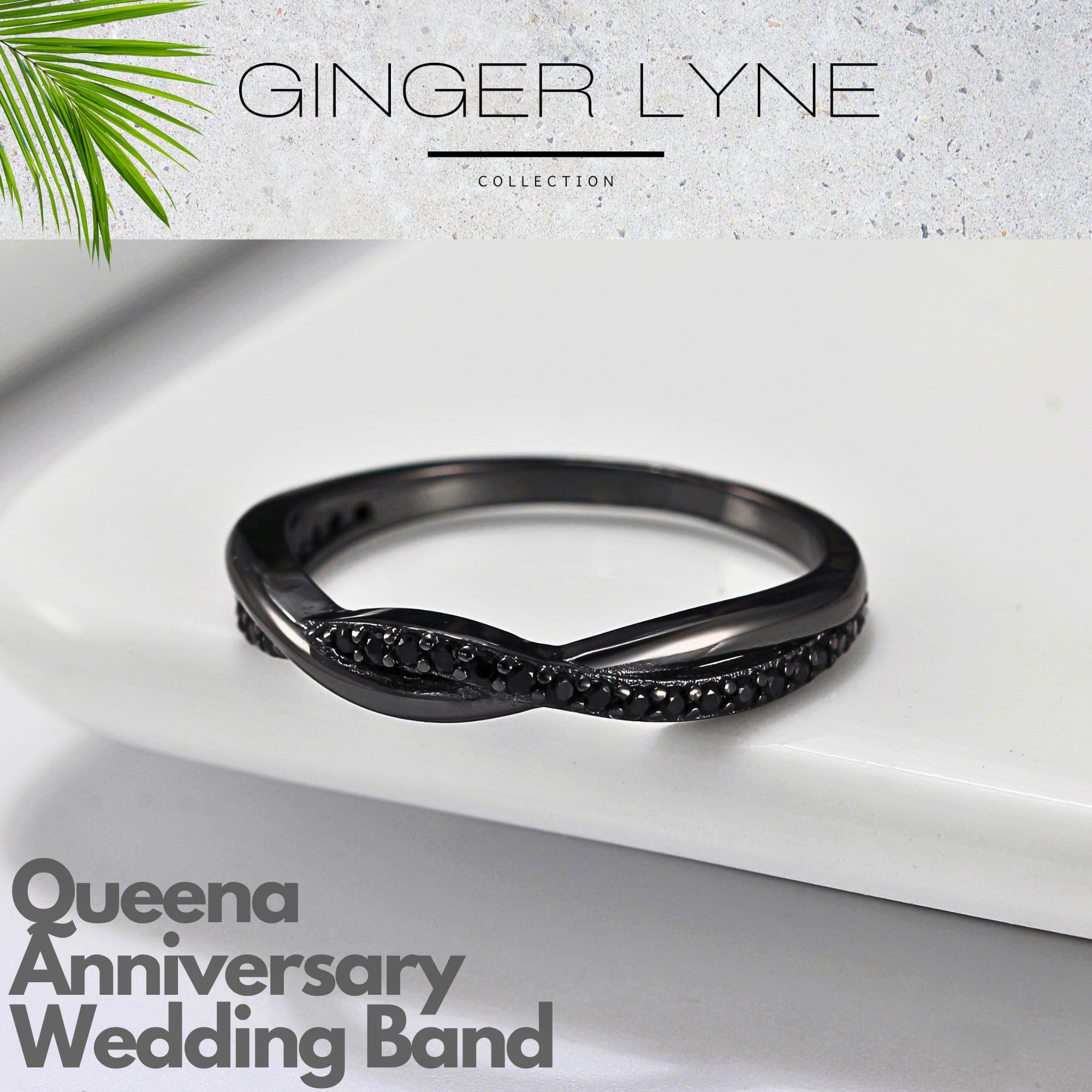 Half Eternity Twisted Wedding Band for Women by Ginger Lyne, Black 925 Sterling Silver Wedding Rings CZ Stackable Rings, Promise Ring for Her Anniversary Cubic Zirconia Engagement Rings for Women