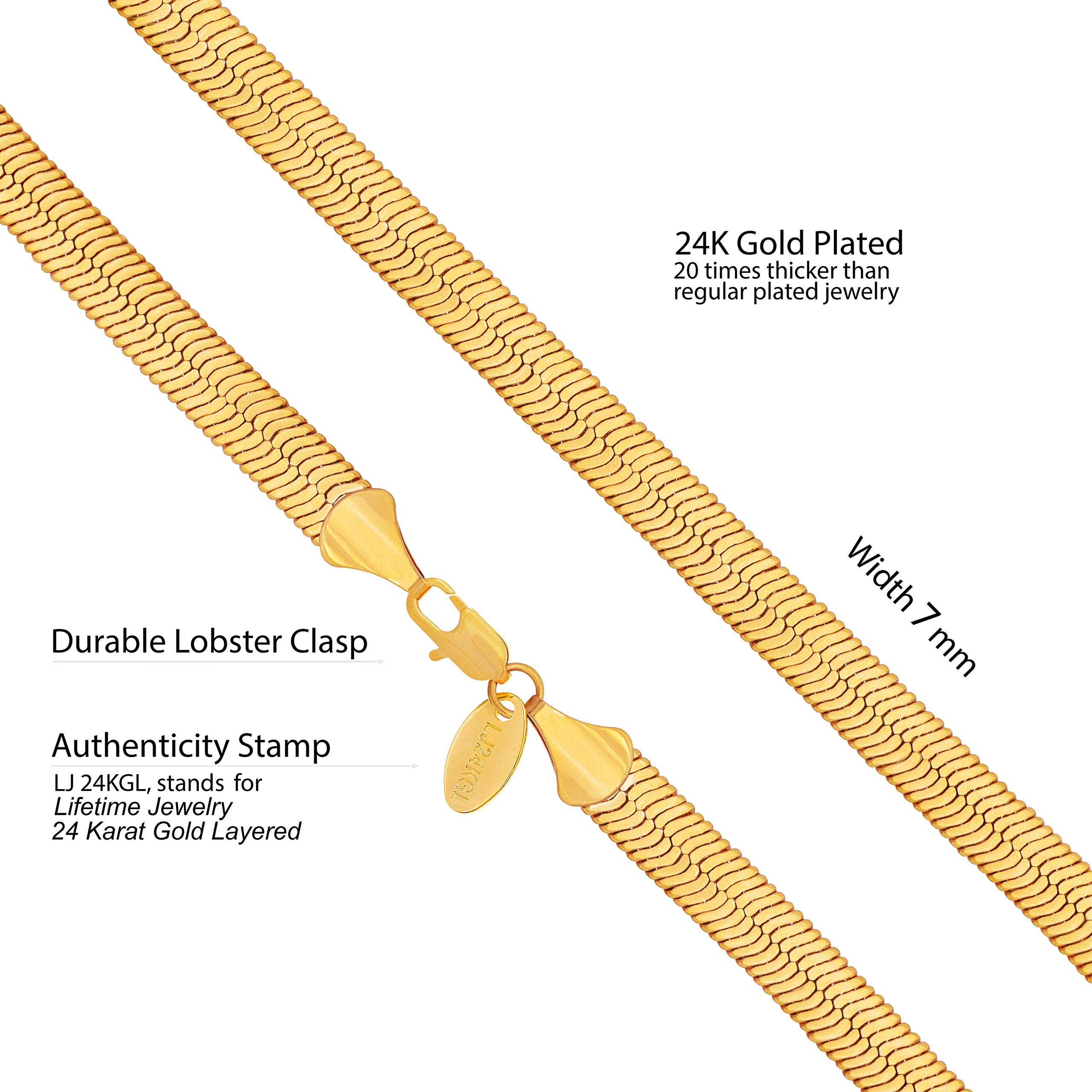 LIFETIME JEWELRY 7mm Flexible Herringbone Chain Necklace 24k Real Gold Plated (20 inches, Gold)