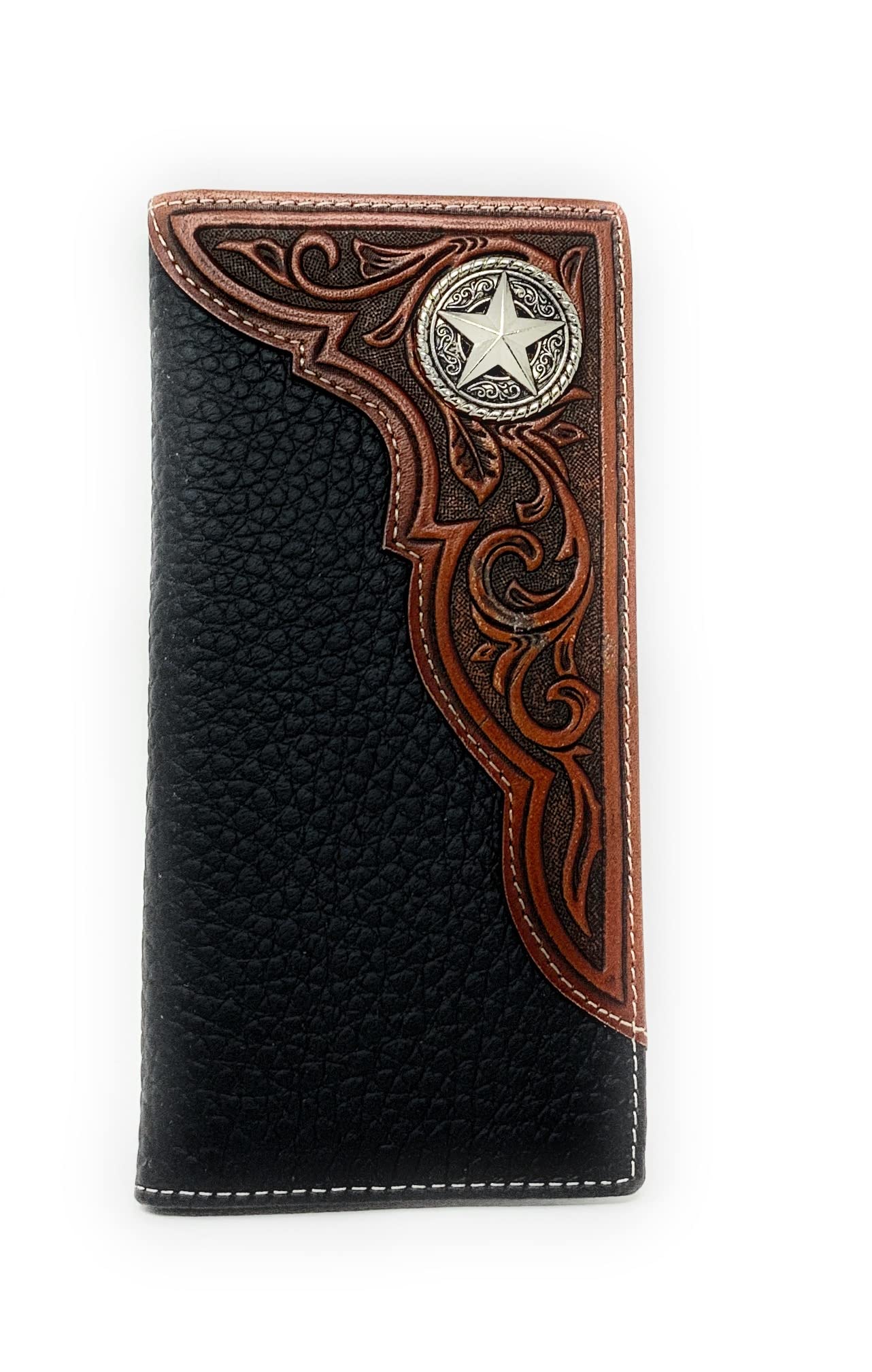 Texas West Western Tooled Genuine Leather Star Men's Long Bifold Wallet (Black)