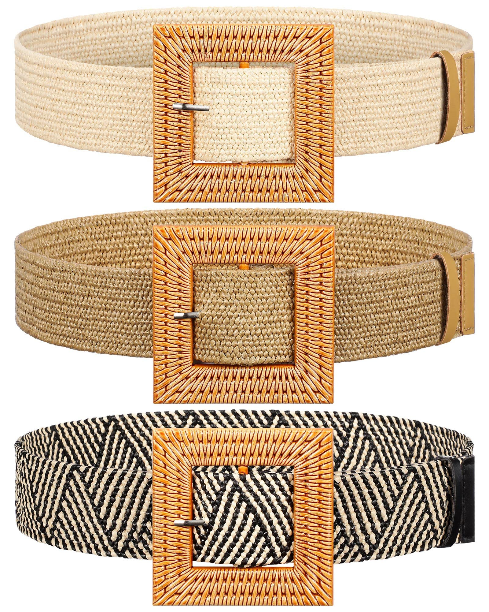 3 Pieces Straw Woven Belt Elastic Stretch Belt Boho Waist Belt Skinny Dress Braided Belt Wooden Buckle for Women