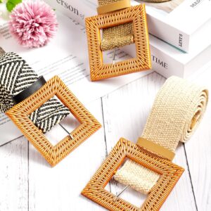 3 Pieces Straw Woven Belt Elastic Stretch Belt Boho Waist Belt Skinny Dress Braided Belt Wooden Buckle for Women