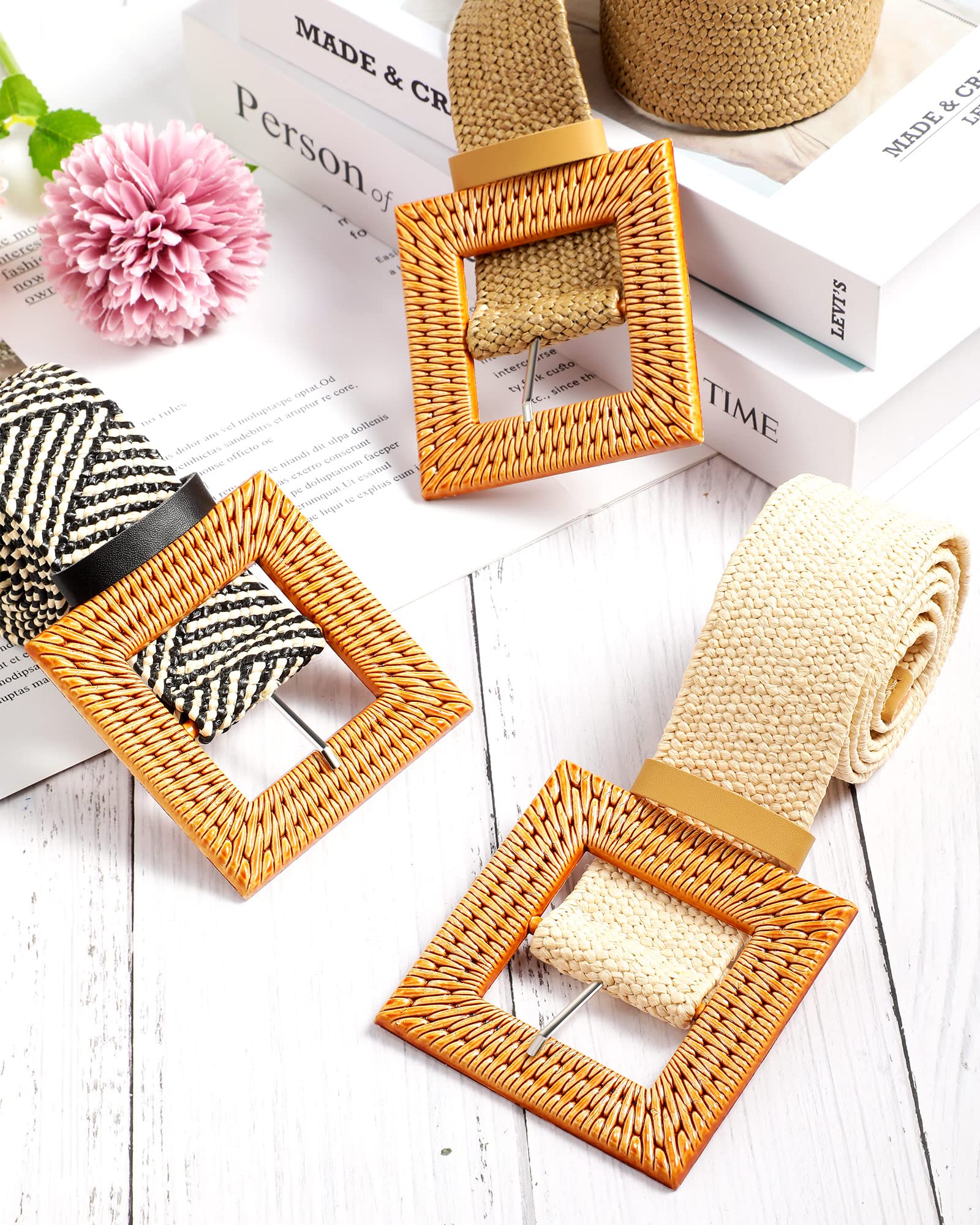 3 Pieces Straw Woven Belt Elastic Stretch Belt Boho Waist Belt Skinny Dress Braided Belt Wooden Buckle for Women