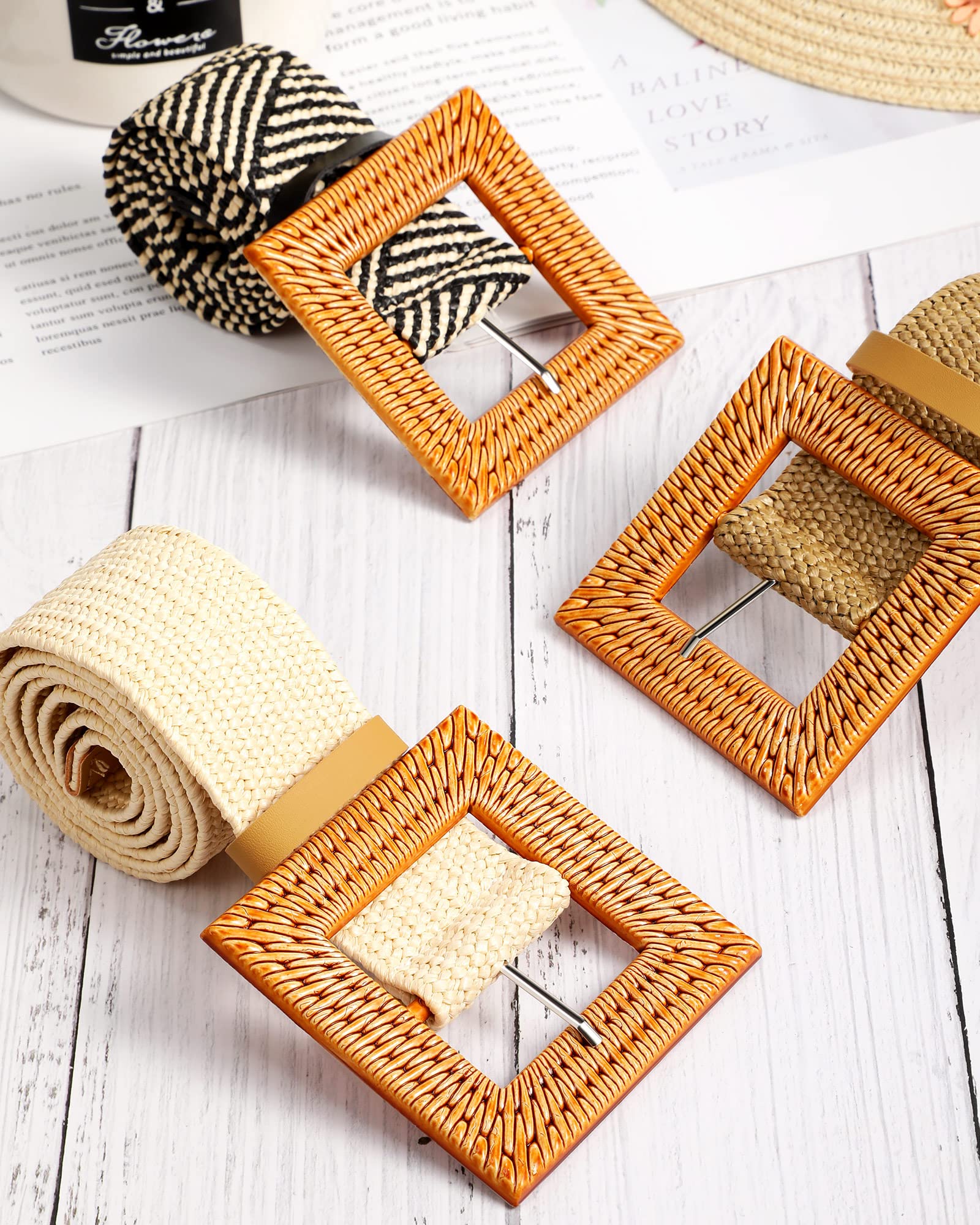 3 Pieces Straw Woven Belt Elastic Stretch Belt Boho Waist Belt Skinny Dress Braided Belt Wooden Buckle for Women