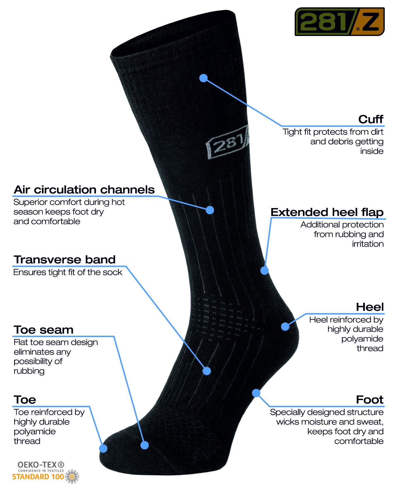 281Z Military Lightweight Boot Socks - Tactical Trekking Hiking - Outdoor Athletic Sport (Black)(X-Small 1 Pair)