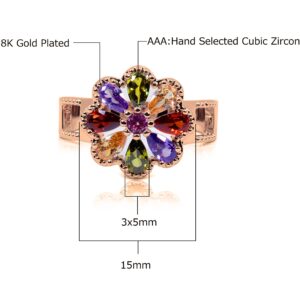 Savlano 14K Gold Plated Cubic Zirconia Multicolor Rainbow Flower Ring for Women (Rose Gold, 7)