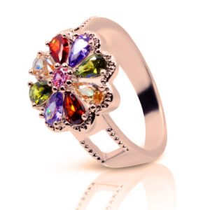 Savlano 14K Gold Plated Cubic Zirconia Multicolor Rainbow Flower Ring for Women (Rose Gold, 7)