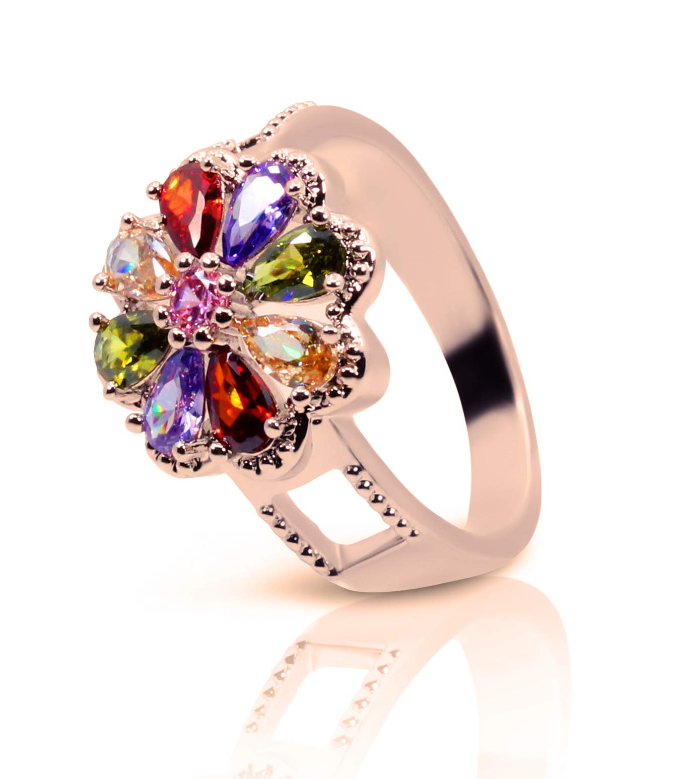 Savlano 14K Gold Plated Cubic Zirconia Multicolor Rainbow Flower Ring for Women (Rose Gold, 7)