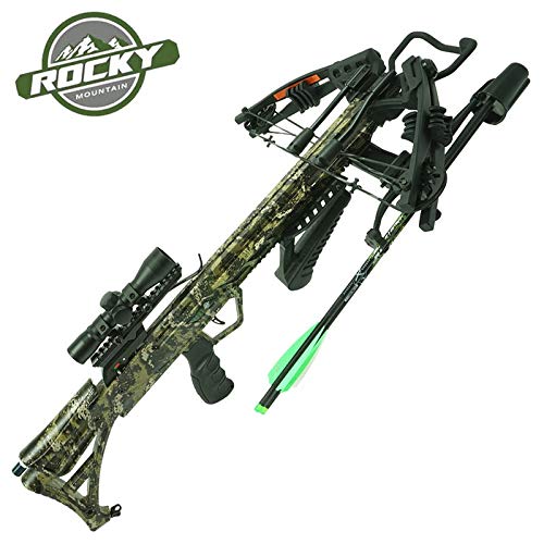 Rocky Mountain RM-415 Crossbow Kit with Crossbolts, 100 Grain Field Points, 4 x 32 Scope, Quiver, Rope Cocker and Rail Lubricant – Ready-to-Hunt