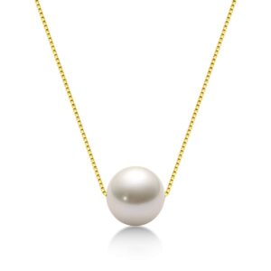 DENGGUANG Floating Pearl Pendant Necklace for Women, 8mm Freshwater Cultured White Single Pearl Necklaces with Gold Plated Silver Chain, Pearl Jewelry Gifts for Wife Mom friend