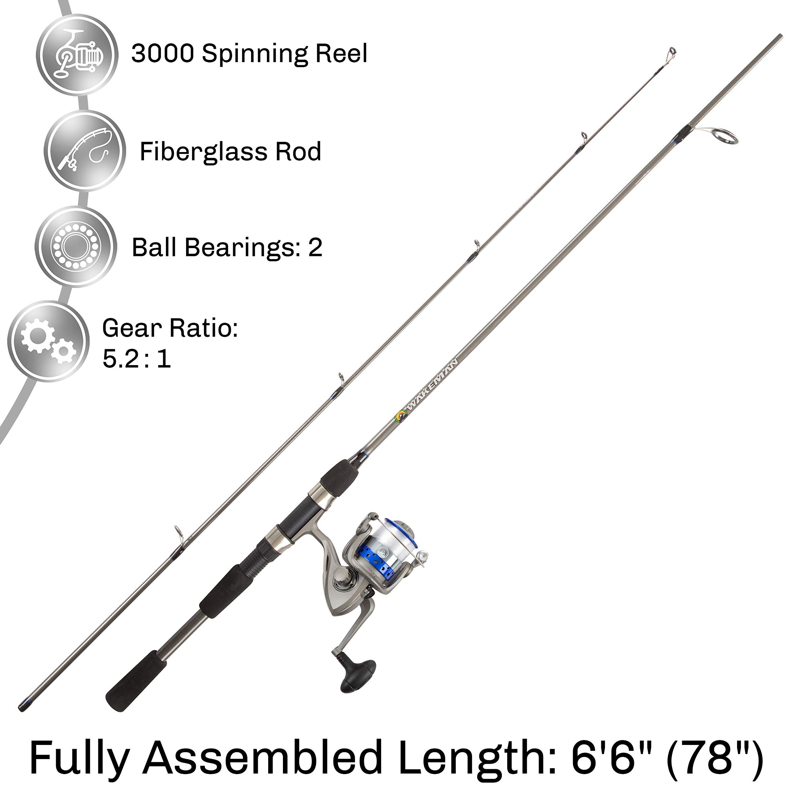 Fishing Rod and Reel Combo - 6.6-Feet Fiberglass Pole and Spinning Reel with 10lb Line for Pond, Lake, and Shoreline Fishing by Wakeman (Blue)