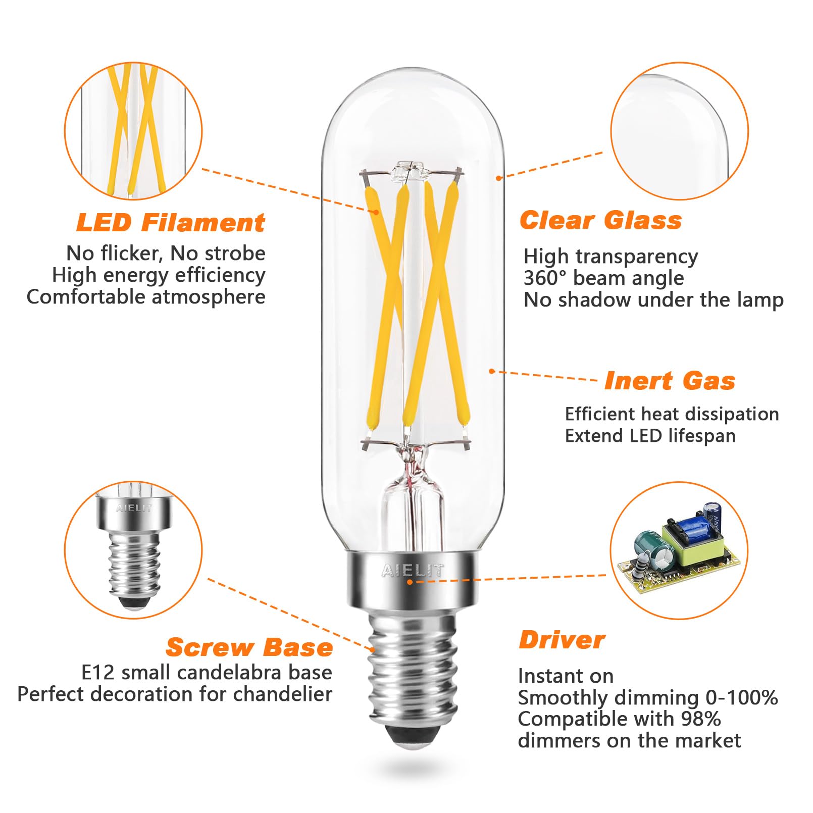 AIELIT T8 4-Watt E12 LED Light Bulb, Dimmable (0-100%), Soft White 3000K, Clear Tubular Candelabra Light Bulbs 40W Equivalent for Sputnik Chandeliers, Glass Mason Jars, Hanging Pendant Lamp,4-Pack