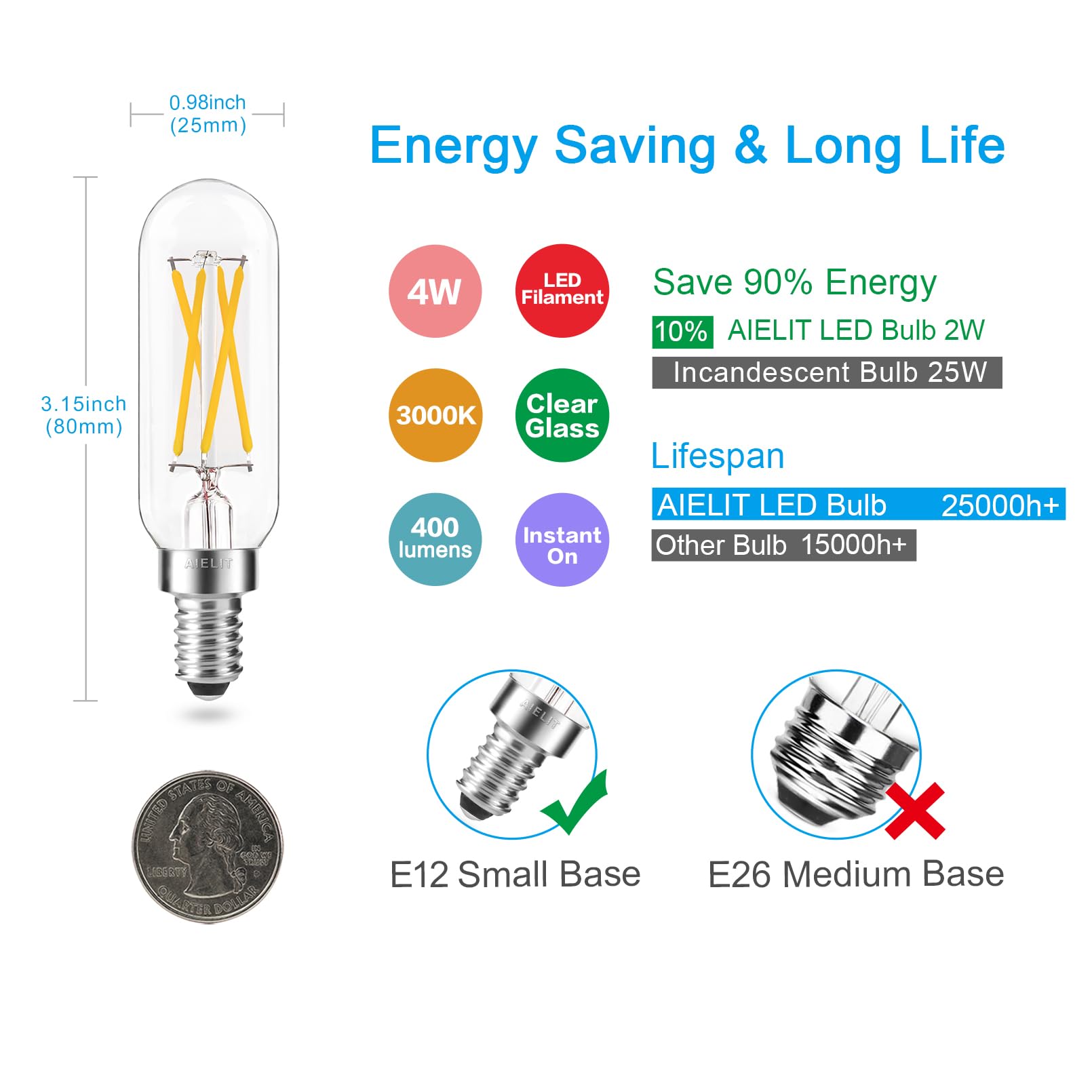 AIELIT T8 4-Watt E12 LED Light Bulb, Dimmable (0-100%), Soft White 3000K, Clear Tubular Candelabra Light Bulbs 40W Equivalent for Sputnik Chandeliers, Glass Mason Jars, Hanging Pendant Lamp,4-Pack