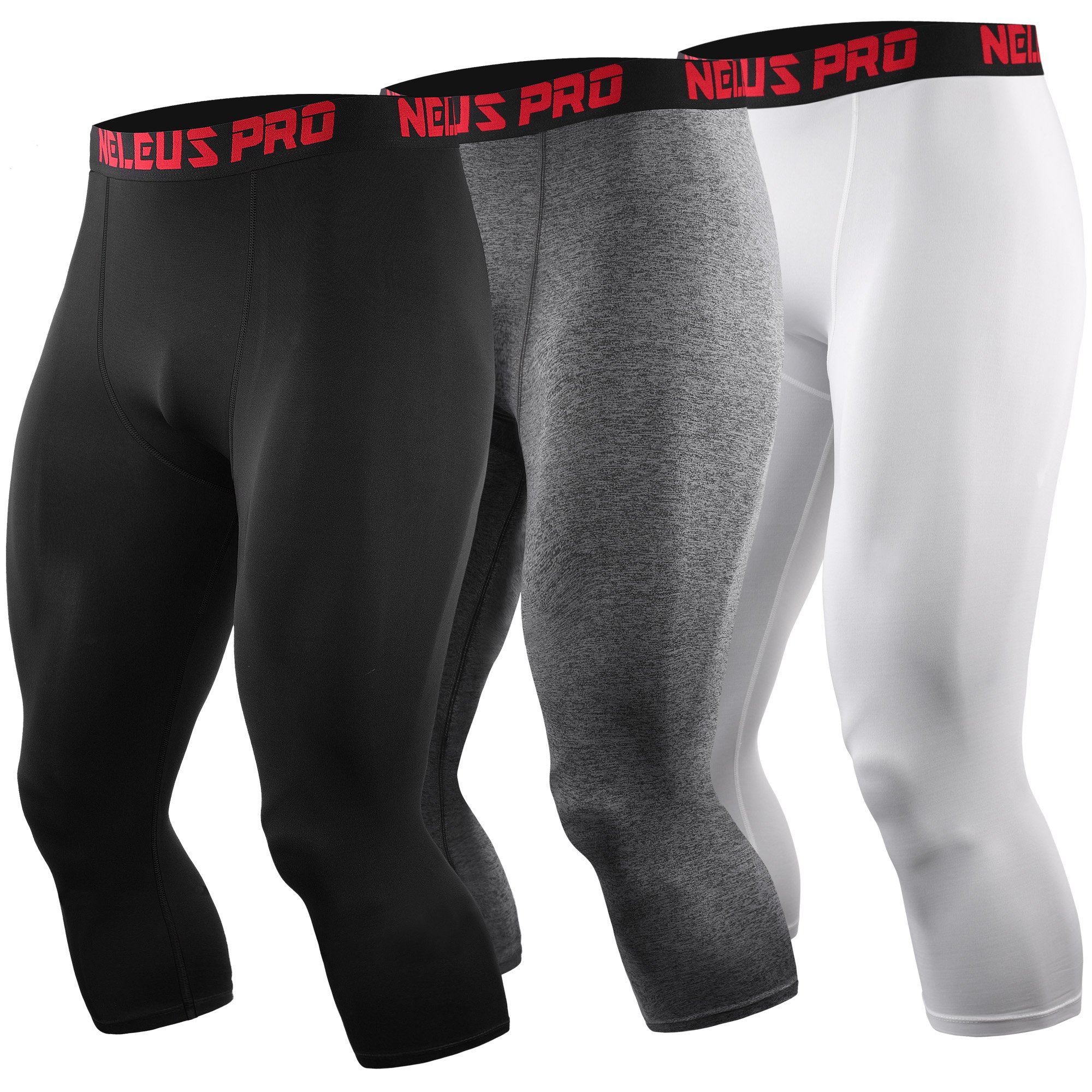 NELEUS Men's 3 Pack Running Capri Leggings Athletic Compression Short,6057,Black,Grey,White,M