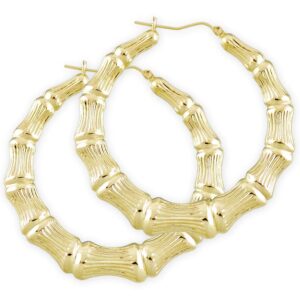 10k yellow gold round bamboo hoop earrings 2.2 inches diameter.