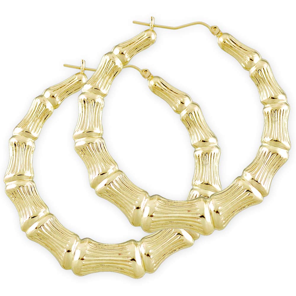 10k Yellow Gold Round Bamboo Hoop Earrings 2.2 Inches Diameter.