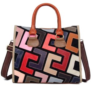 segater® women multicolor genuine leather tote bag cowhide graffiti print colorful handbag geometric puzzle patchwork purse ladies crossbody bags