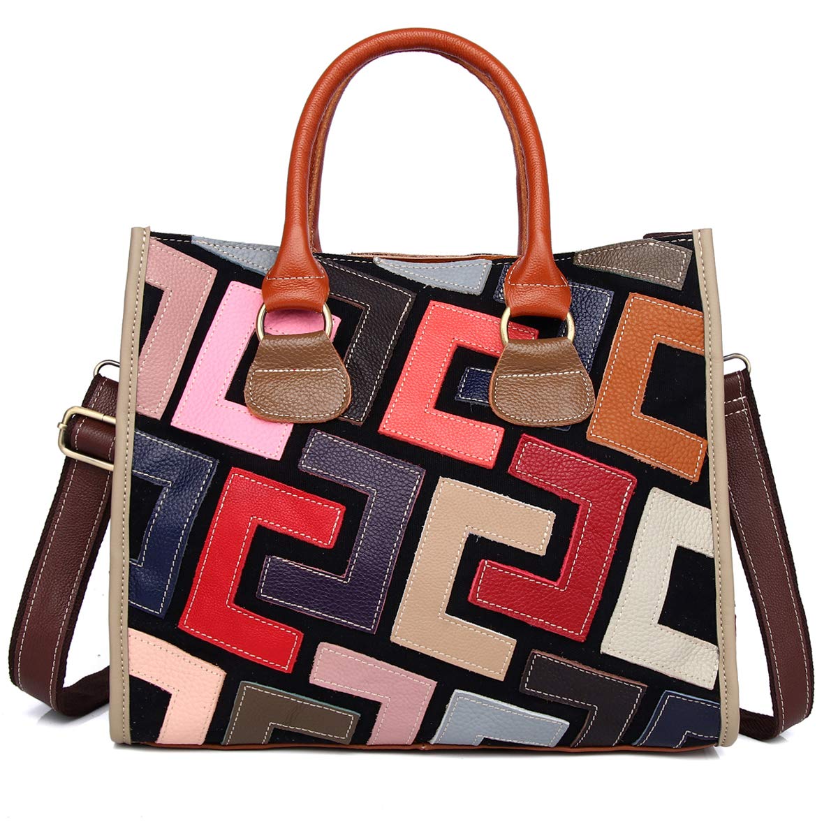 Segater® Women Multicolor Genuine Leather Tote Bag Cowhide Graffiti Print Colorful Handbag Geometric Puzzle Patchwork Purse Ladies Crossbody Bags