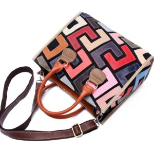 Segater® Women Multicolor Genuine Leather Tote Bag Cowhide Graffiti Print Colorful Handbag Geometric Puzzle Patchwork Purse Ladies Crossbody Bags