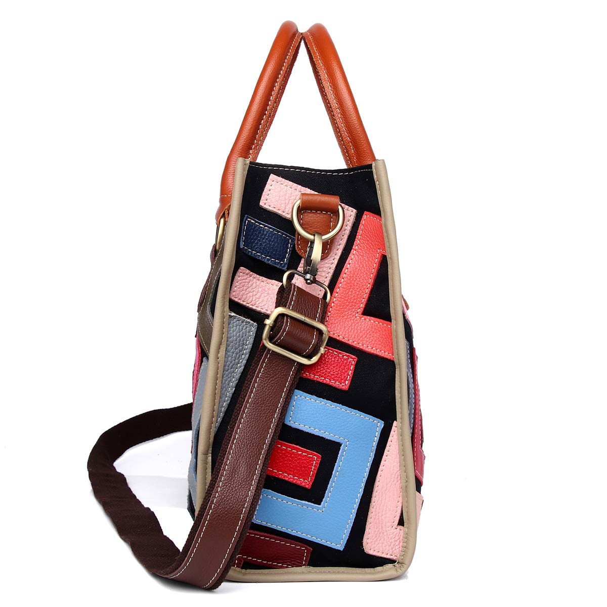 Segater® Women Multicolor Genuine Leather Tote Bag Cowhide Graffiti Print Colorful Handbag Geometric Puzzle Patchwork Purse Ladies Crossbody Bags