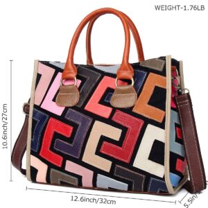 Segater® Women Multicolor Genuine Leather Tote Bag Cowhide Graffiti Print Colorful Handbag Geometric Puzzle Patchwork Purse Ladies Crossbody Bags