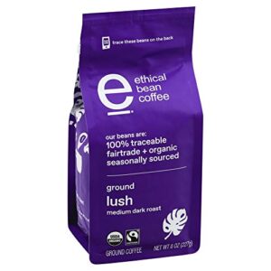 Ethical Bean Fairtrade Organic Coffee, Lush Medium Dark Roast, Ground Coffee Beans- 100% Arabica Coffee (8 oz Bag), 0.5 Pound (Pack of 1)