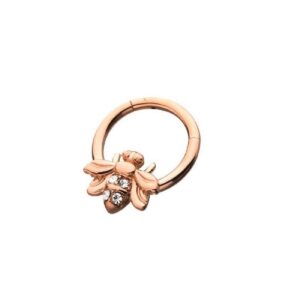 16ga crystal honey bee stainless steel hinged segment ring for septum, cartilage, and daith piercings (rose gold tone)