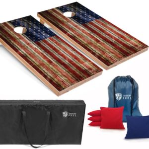 Tailgating Pros American Flag Wooden Plank Design Cornhole Board Set w/Bean Bags and Carrying Case - 4'x2' Corn Hole Toss Game