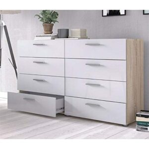 Levan Home 32" H x 55" W Contemporary Scandinavian Design Engineered Wood Double Bedroom Dresser with 8-Drawer and Silver Bar Handles, Suitable for Small Rooms, in Clean Oak/White High Gloss